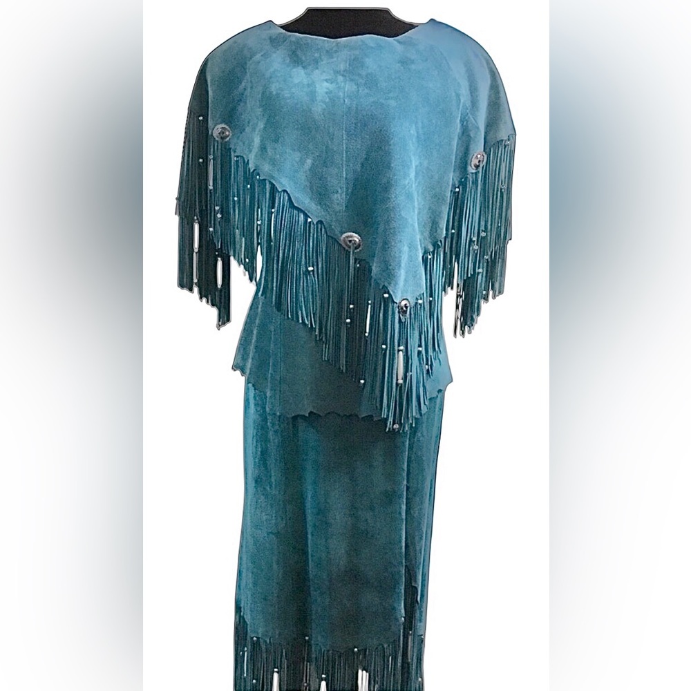 Vintage NWT Liz E. Parker turquoise suede leather top and skirt suit set